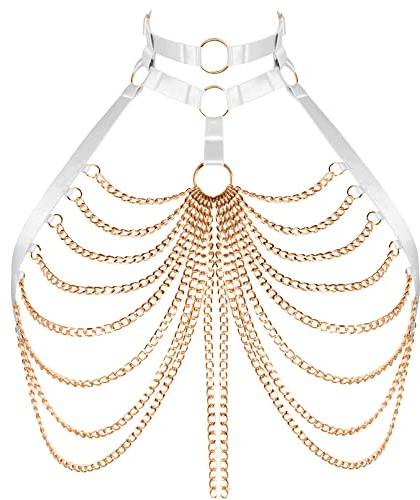 BYDHSS Frauen Körper Harness BH Top mit Gold Körper Kette Plus Größe Rave Brust Punk Strap Tanzen Gothic Halloween Party Weihnachtskleidung (weiß)