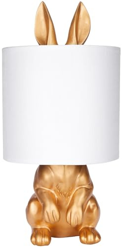 BRUBAKER Tisch- oder Nachttischlampe Goldener Hase - Tischleuchte mit Keramikfuß und Stoffschirm - 42 cm Höhe, Weiß Gold
