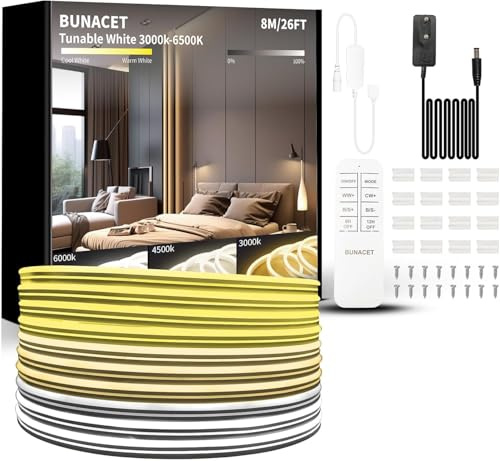 BUNACET Tira LED Neon 8M Blanca Cálida 3000K-6500K Blanca Frío Tira Luz LED Regulable Superbrillante con Mando Distancia y Fuente Alimentación Luces de Cinta LED Flexible para Cocina, Dormitorio