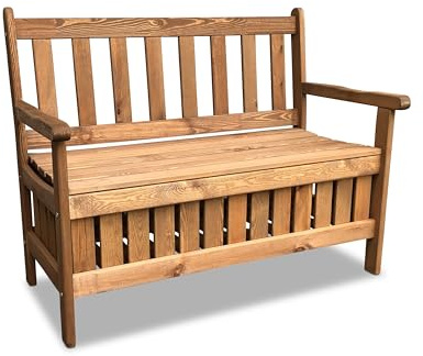 stabile Bank aus Holz mit Truhe, braun, B114 x T56 x H89 cm