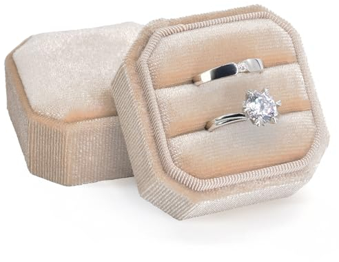 Eveynsh Samt-Ringbox, Champagner, Doppelring-Box, Ringschatulle, 2 Fächer, achteckiger Ring-Präsentationshalter, Etui für Verlobung, Hochzeit, Antrag, Zeremonie, Jahrestag, Geschenk