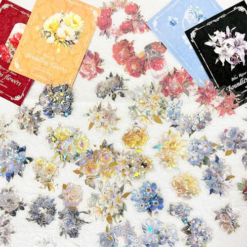 Arpaper Scrapbook Zubehör Stickers 80 Stück,Laser Journaling Sticker PET Blume Scrapbooking Zubehör Glitzer Harz Set Scrapbooking Sticker Aufkleber Deko für Fotoalbum,Kalender(Flower spectrum 2)