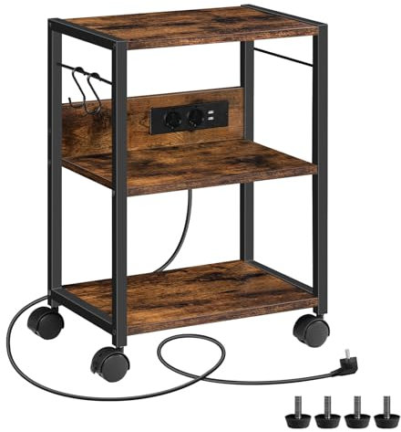 MAHANCRIS Druckertisch mit Rollen, 28 x 42 x 60 cm, 3-stufiger Druckerständer mit Ladestation, Lagerregal mit 2 Steckdosen und 2 USB, mit 2 Haken, für Büro, Vintagebraun und Schwarz APTHR40UE01