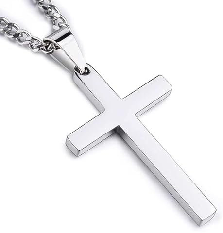 1pcs Cross Necklace for Men Women, Stainless Steel Cros Pendant Necklace with Chain Silver Cros Chain‘s Necklaces Easter Gifts for Birthday Christmas Thanksgiving Day Chain length:23.62(60cm)+2(5cm)