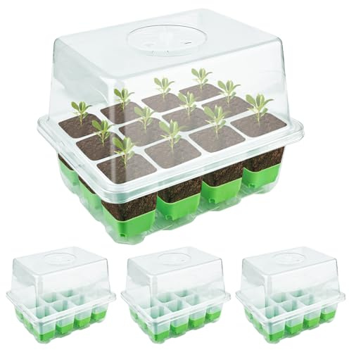 4 Stück Zimmergewächshaus Anzuchtkasten, Wiederverwendbar Anzuchtplatte mit 12 Pflanzlöchern und 1 Erhöhten Deckel Mini Gewächshaus Anzuchtschalen für Pflanze, Kräutern, Blumen, Gemüse und Obst
