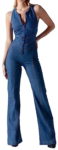 BDSCZW Damen Denim Jumpsuit Front Zip Up Deep V Neck Sexy ärmellose Bell Bottom Pants Strampler(BE,M)
