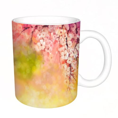 YFHJV Tazas de Café,Taza de Cerámica para Té y Café - Regalo Original - 330 ml - Desayuno Tazas Tazas graciosas,Obra de arte floral de cerezo japonés Sakura en colores suaves sobre u,tazas originales
