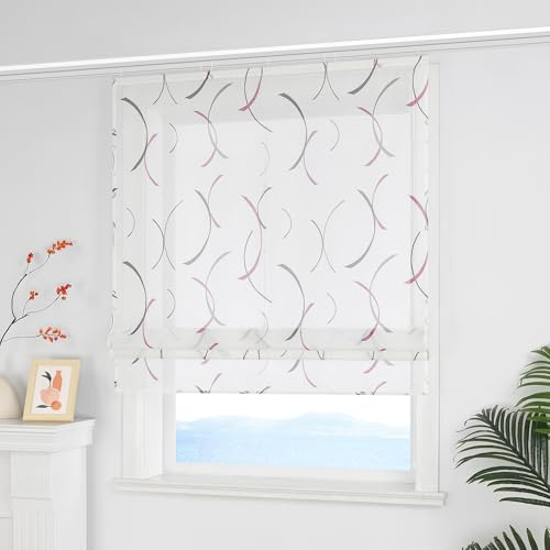 ESLIR Raffrollo mit Klettband Landhaus mit buntes Linienmuster Raffgardinen Transparent Bändchenrollo für Fenster mit Klettschiene Wohnzimmer Violett BxH 140x140 cm 1 Stück