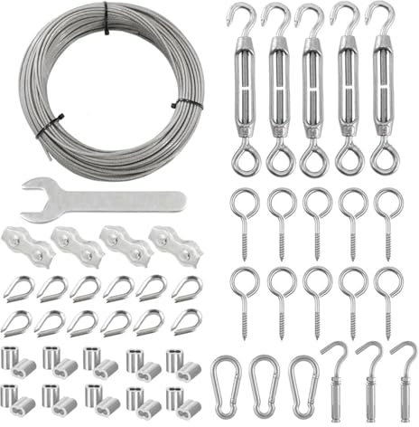 Drahtseil-Set, Drahtseil-Set, 1 Set, 30 Meter, strapazierfähiges beschichtetes Nylon, 304 Edelstahl, 2 mm Drahtseil, M2-Kausche mit Aluminium-Crimp-Spannschloss, Kabelseil-Set