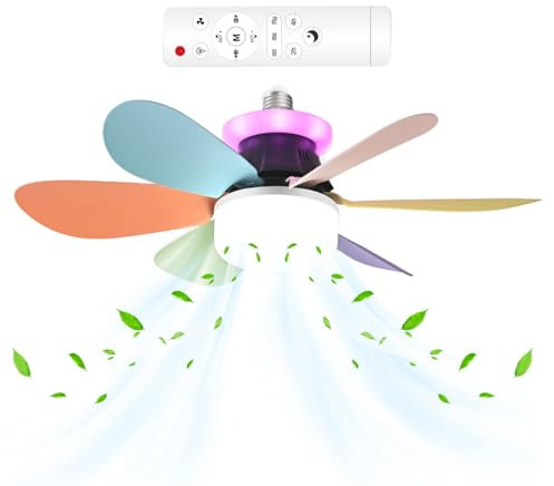 Sirseon Luce a ventola del soffitto RGB, ventilatori a soffitto con luci remote - Ventio a soffitto RGB tranquillo con telecomando | 3 velocità E27 a vite lampada rimovibile per bambini