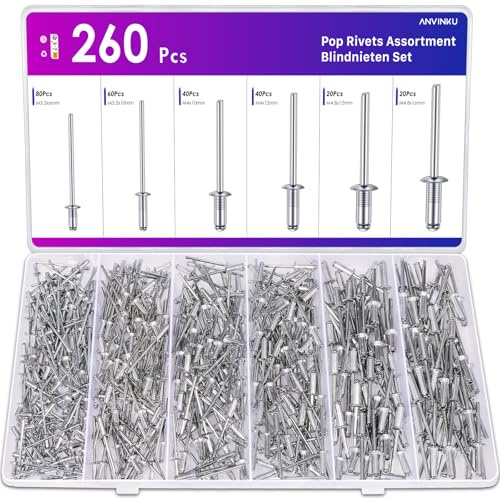 ANVINKU 260PCS Pop Rivets Assortment, Aluminum Blind Rivet Set, M3.2/M4/M4.8 Rivets for Metal, Furniture & Marine Construction