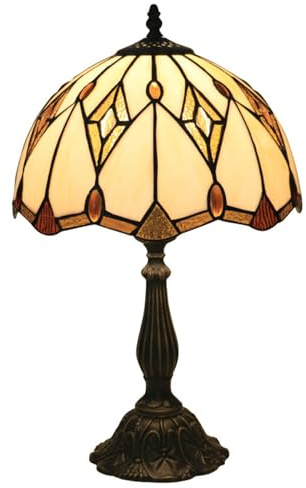 Baroque Table Lamp 19 Tall Cream Stained Glass Lamp Desk Light Vintage Victorian Beige Gold Rhombus Night Light Bedside Reading Lighting for Bedroom Living Room Study,Resin Base