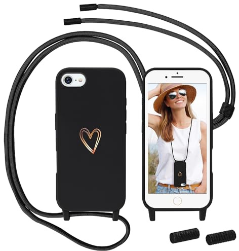 Handyband kompatibel mit iPhone SE 2022/2020/iPhone 8/iPhone 7 Hülle mit Band, MoEvn Handyhülle mit Kordel für zum Umhängen Herz Muster Silikon Case Stoßfeste Schutzhülle mit Abnehmbar Kette,Schwarz