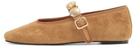 DOEYG Suede Ballet Flats Shoes for Women Studded Mary Jane Flats Round Toe Buckle Strap Dressy Comfortable Casual Ballerina Shoes Size 8
