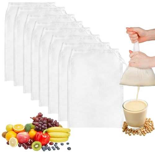 EOPUOZS 8 Nussmilchbeutel Wiederverwendbar, Feingewebt Passiertuch Nylon mit Kordelzug, Nussbeutel Sieb Waschbar für Mandelmilch, Joghurt, Saft, Käseherstellung, Kaffee