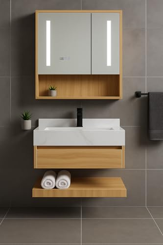 WITIT ARREDO BAGNO SET COMPLETO MOBILE BAGNO SOSPESO IN LEGNO BC009 DA 70 CM O 90 CM NOCE CHIARO CON 1 CASSETTO LAVABO BIANCO STRIATO IN CERAMICA E SPECCHIERA LED VETRO RISCALDABILE (90 cm)