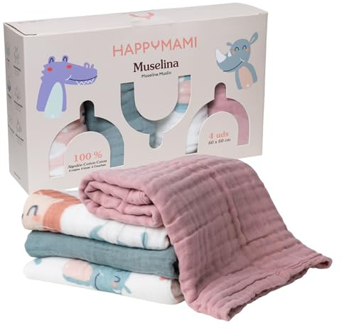 Happymami 4er Set Mulltücher Baby 100% Baumwolle 60x60cm - Dicke 6 Lagen, Kuschelweich, Saugstark & Atmungsaktiv Neugeborene (4er Set Mulltücher)