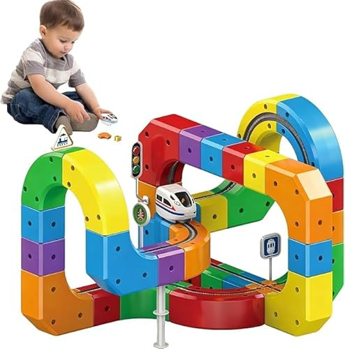 Clickrail Electric Train Set Flexible Race Track, Flexible Race Track, Gravity-Defying 3D Embedded Layouts & Motorized Car, Building Toy for Kids Boys Girls Xmas Birthday Gifts (81pcs)