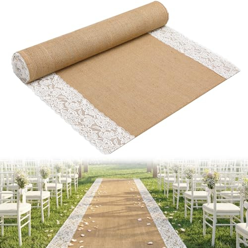moonoom 15 Ft x 36 in Natural Burlap Wedding Aisle Runner, Rustic Jute Weddings Runway Carpet with Lace, Ceremony Burlap Carpet Roll for Beach Garden Church Reception Craft Decor