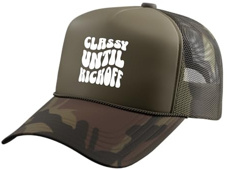 Womens Football Season Funny Classy Until Kickoff Trucker Hat with Adjustable Mesh Back, Camo Green