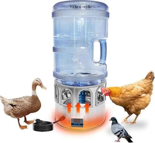 Calentador de agua for pollos, bebedero calentado for pollos de 5 galones con 8 ventanas for beber y pantalla LED, temperatura ajustable de 32 °F-122 °F, for pollos, patos, gansos y gallineros