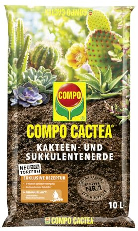 Compo CACTEA® Terreau pour cactus et plantes succulentes, sans tourbe, 10 l, terre spéciale pour cactus et plantes succulentes, structure lâche pour des racines saines, circulation optimale de l'eau