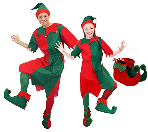 Men's & Women's Cheeky Elf Fancy Dress Costume - Christmas Outfit in Red & Green With Jingle Bells, Tights, Hat, and Shoes (Medium)