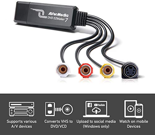 AVerMedia EZMaker 7, Scheda di Acquisizione USB Definizione Standard, Registratore da Analogico a Digitale, Connettore RCA, VHS a DVD, S-Video, Cyberlink Media Suite Included, Win 10 / MAC (C039)