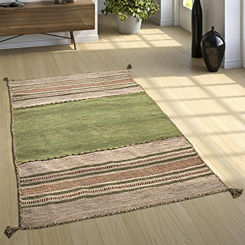 Paco Home Alfombra Diseño Kilim Tejida A Mano 100% Algodón Moderna Estampada Verde, tamaño:60x110 cm
