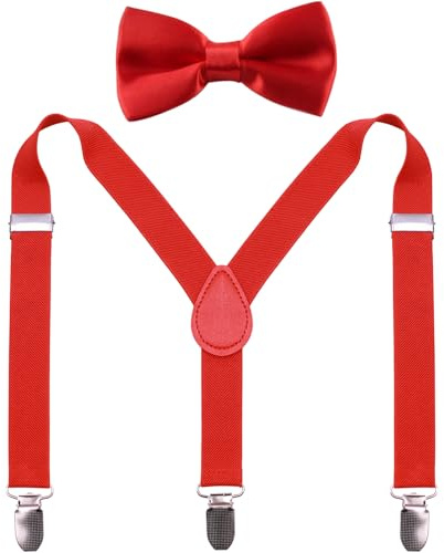 GUCHOL Barn hängslen fluga för pojkar och flickor justerbar elastisk klassisk accessoar set ålder 1 till 13 år, Röd, 33 INCH (6-13 Year)