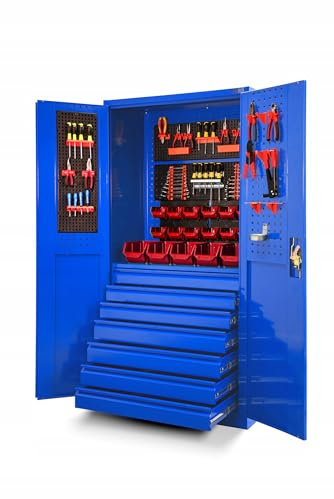 Jan Nowak Werkzeugschrank Metall mit 7 Schubladen, Lochwand, 185x92x50 cm | Werkstattschrank, Garagenschrank mit 7 Schubladen, Lochwand, Flügeltüren, Schloss, Stahlkorpus, pulverbeschichtet