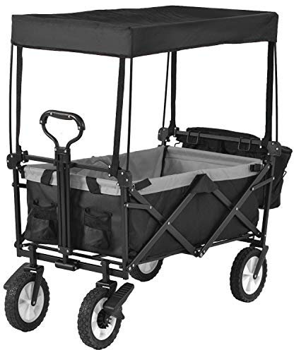 Garden Cart Wagons Foldable Pull Wagon with Romovable Canopy Trolley 4 Wheels (Black) - 150KG Capacity