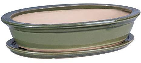 Vaso per bonsai/fiori, da giardino, in ceramica/terracotta, con sottovaso, verde, 6 misure (50)