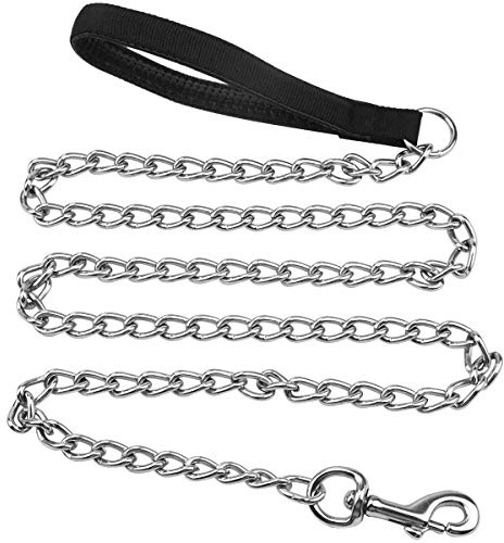 Jinlaili Laisse de Chien Robuste en Chaîne pour Grands et Moyens Chiens - 1,2M, 4mm d'Épaisseur - Avec Poignée Rembourrée Confortable