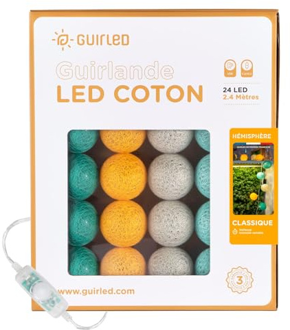 GuirLED - Guirnalda luminosa con bolas de algodón LED USB – Luz nocturna para bebé 2 h – Adaptador de red doble USB 2A incluido – 3 intensidades – 24 bolas 2,4 m – Hemisferio