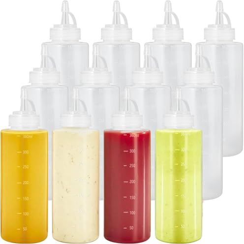 AKOLAFE 12PCS 12oz Plastic Squeeze Bottle with Nozzle for Sauce, Squirt Condiment Container with Caps