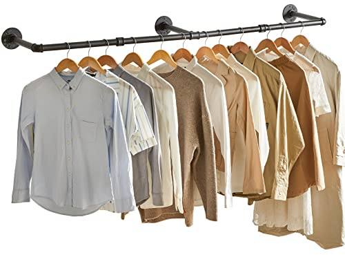 IBUYKE 70 Inch Industrial Pipe Clothes Bar Rack, Wall Mounted Garment Hanging Storage Rail, for Bedroom, Living Room, Laundry Room, Retail Display, Triple Base, Black TYJ003H