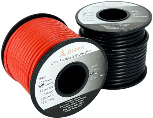 ZIGPEO 14 Gauge 14 AWG Silicone Wire Spools 40FT Red & 40FT Black, Extra Flexible High Temp 14AWG Stranded Copper Cable 600 Volt - RC, Automotive, Battery Cable | Tinned Copper Conductor