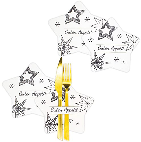 Papierdrachen Besteckhalter Weihnachten 2025 - Filz - Weiß - Stern-Form - 4 Stück - hochwertiger Druck - Guten Appetit - edle & festliche Tischdeko