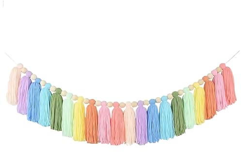 Pastel Coloured Boho Room Decor Tassel Garland | For Home, Office or Classroom | Chic Wall Tassle Decorations | Colourful Rainbow | Ideal for Kids or Nursery Room | Modern Decorative Accessory