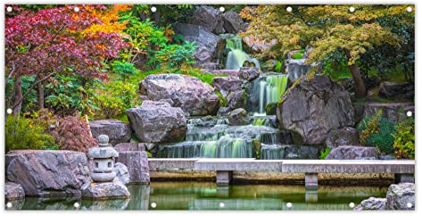 MuchoWow® Balkon Sichtschutz Sichtschutzmatte Balkonbanner Abdeckung für Terrasse Balkon Windschutz Blickdicht Wetterfest 200x90 cm Steine - Wasser - Bäume - Japanisch - Botanisch