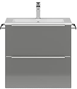 Lomadox Badezimmer Waschtisch, 61cm breit, mit Waschbecken in Hochglanz grau, Griffleisten edelstahlfarben, B/H/T ca. 61/59,1/48,7 cm