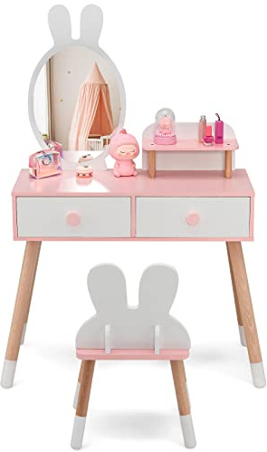 COSTWAY Toeletta Trucco 2 in 1 per Bambina, Specchiera a Forma di Coniglio Staccabile per Ragazza in Legno con Sgabello, Ripiano e 2 Cassetti, Postazione Trucco, 78 x 37 x 110cm (Bianco)