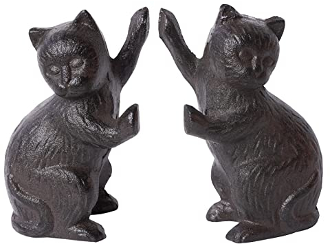 GDYOOSHOW Türstopper aus Gusseisen, Katze, strapazierfähig, 2 Stück, schwarzer Boden, dekorative Statue, rustikaler Buchstopper, schwere Buchstütze (brauner Rost)
