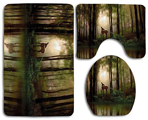 IUBBKI Nature Baby Deer in The Forest Reflection on Lake Foggy Woodland Graphic Fern Green Cocoa Brown Bathroom Rug Set 3 Piece Bath Contour Mat Toilet Lid Cover U Shaped Nonslip Home Was