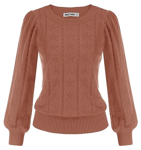 GRACE KARIN Maglione Donna Elegante Tinta Unita Manica Lunga Camicia Casual da Ufficio con Scollo Rotondo XXL