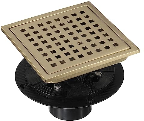 sourcing map 6 Inch Square Shower Floor Drain, 304 Stainless Steel Floor Drain with Flange for Bathrooms, Kitchens, Garages, Showers Sinks, Quadrato Pattern Grate Removable, Gold
