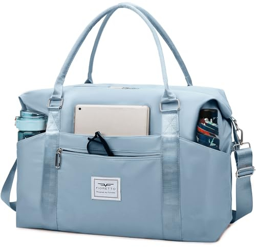 FIORETTO Damen Reisetasche Sporttasche Handgepäck Weekender Bag Schwimmtasche Wasserdicht Travel Bag Duffle Bag Fitnesstasche Trainingstasche für Damen Blau Medium