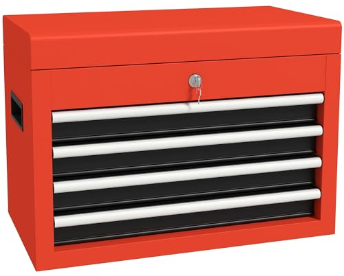 Caisse à outils DURHAND, boîte à outils, boîte à outils sans outils, caisse à outils avec 4 tiroirs, serrure, acier, rouge, 45 x 24,5 x 32,5 cm