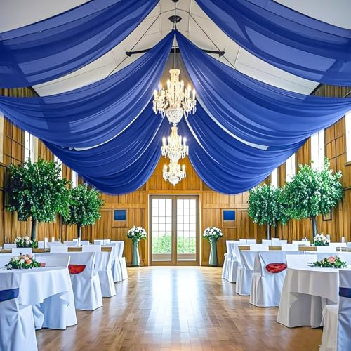 FANPROMS Blue Ceiling Drapes for Wedding 5x20FT 2 Panels Chiffon Wedding Arch Draping Fabric Sheer Ceiling Drapery for Backdrop DrDapes Royal Blue Tulle Ceiling Curtains Drapes for Wedding Reception